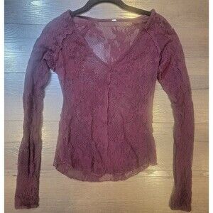 Womens Long Sleeve Shirt Mesh Floral Small Whimsigoth Fairy Burgundy V-Neck